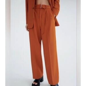 Zara The Straight Tapered Trousers Size M  Burnt Orange Pleated Belt Career